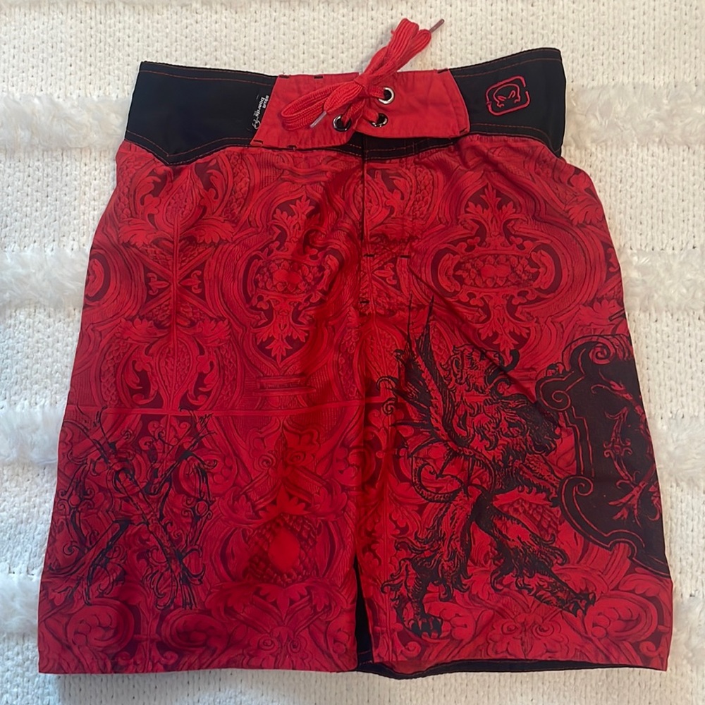 Skull boards swim trunks board shorts red black boys size small S